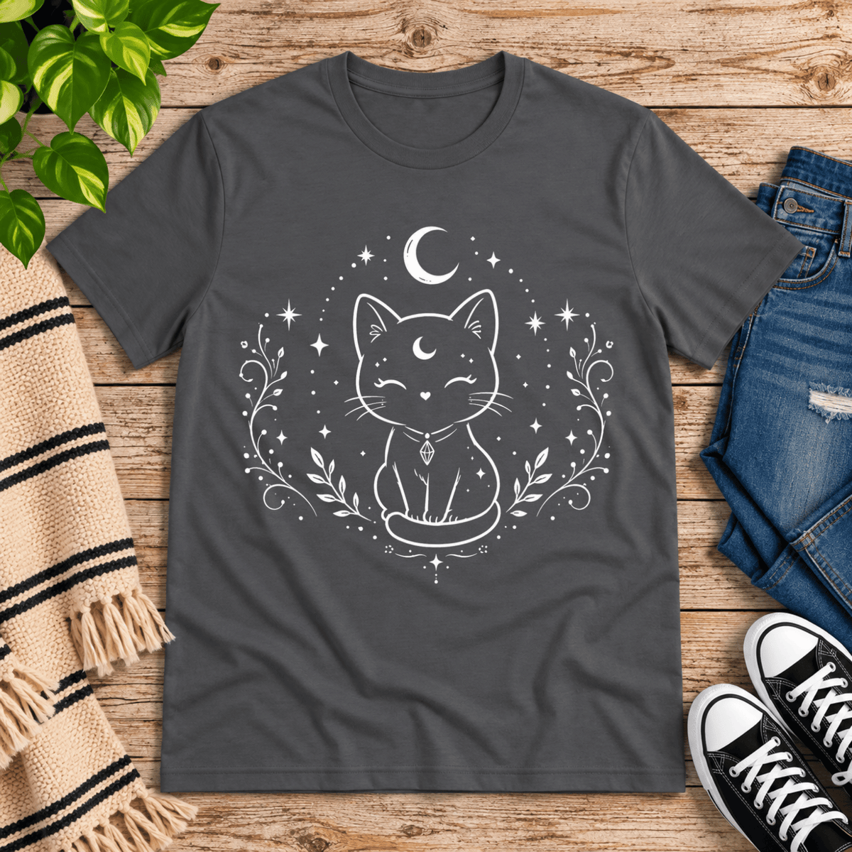 Mystical Cat celestial graphic t-shirt cozy flat lay in asphalt.