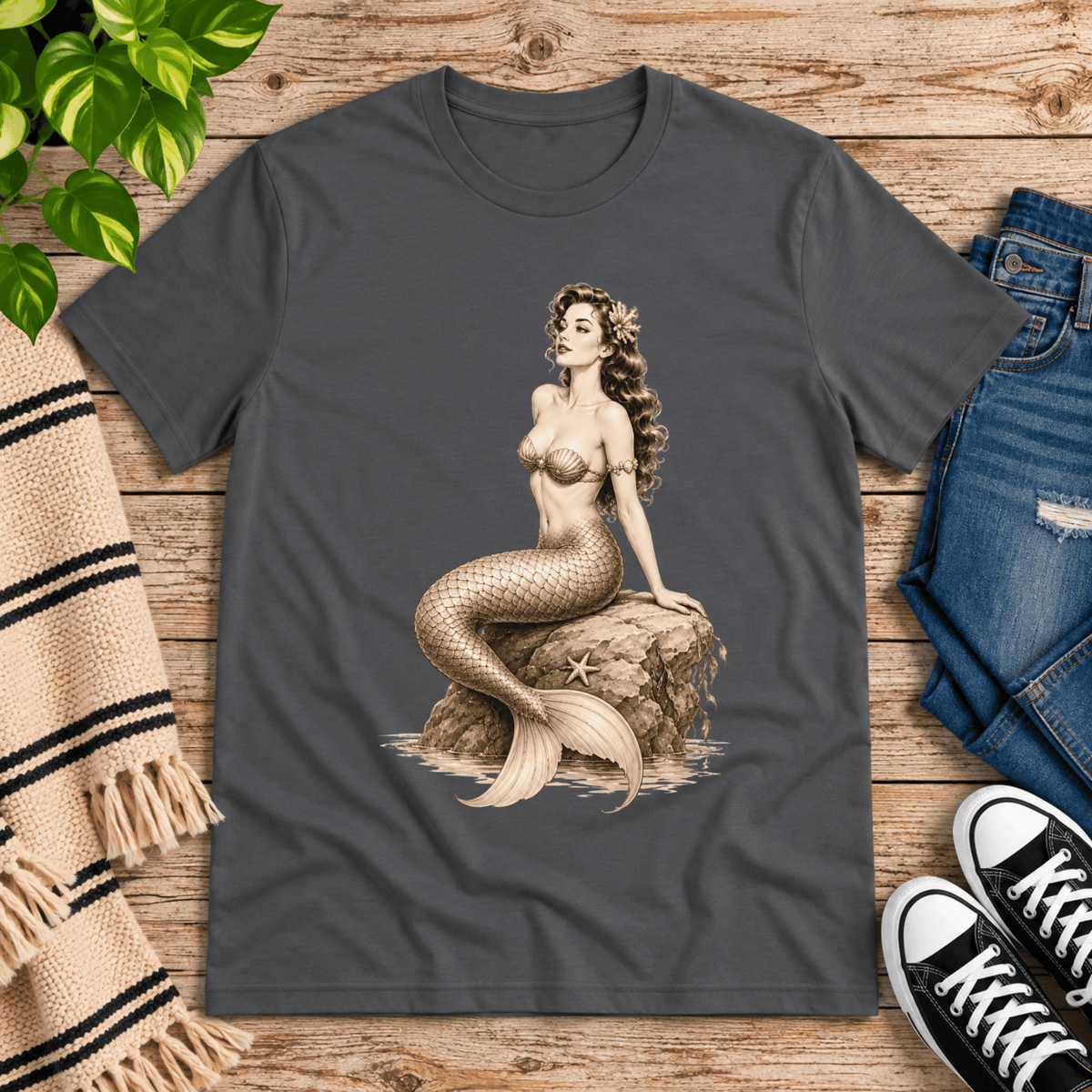 Beach Mermaid pinup graphic t-shirt cozy flat lay in asphalt.