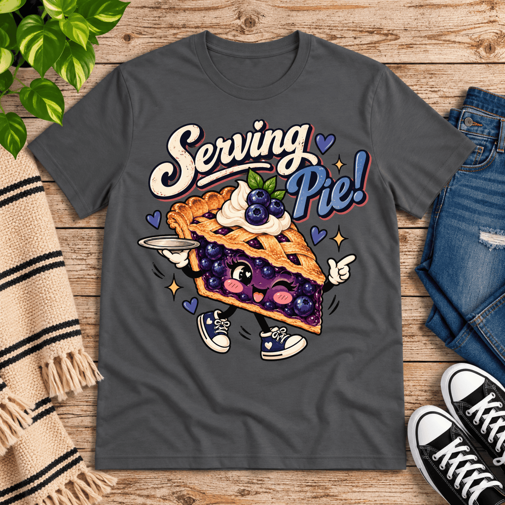 Serving Pie retro food graphic t-shirt cozy flat lay in asphalt.