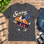 Serving Pie retro food graphic t-shirt cozy flat lay in asphalt.