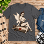 Love Bomb vintage pinup graphic t-shirt cozy flat lay in asphalt.