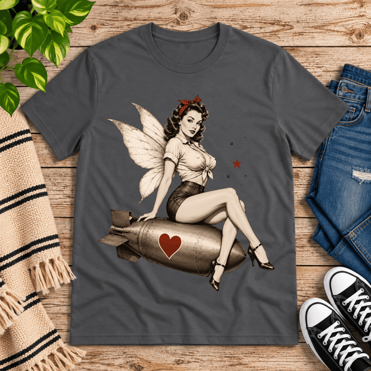 Love Bomb vintage pinup graphic t-shirt cozy flat lay in asphalt.