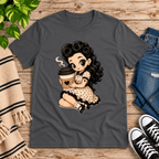 Coffee Clara pinup graphic t-shirt cozy flat lay in asphalt.