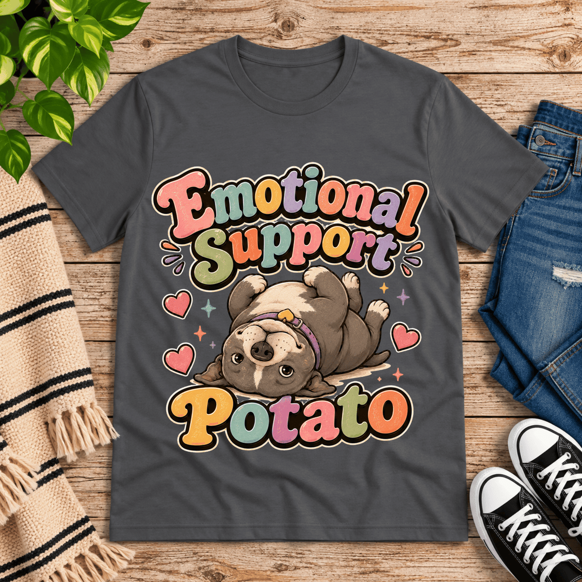 Emotional Support Potato cute animal graphic t-shirt cozy flat lay in asphalt.