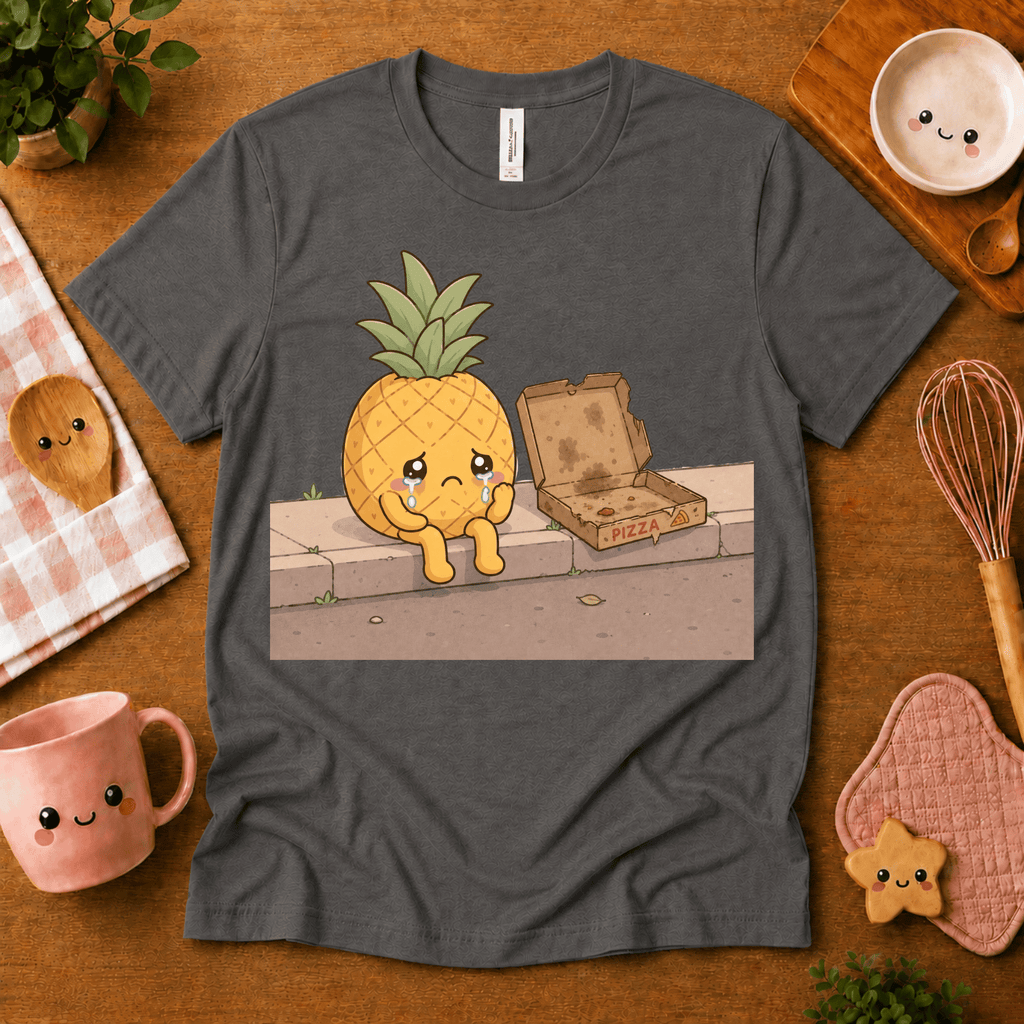 Pineapple Pizza cute food graphic t-shirt cozy flat lay in asphalt.
