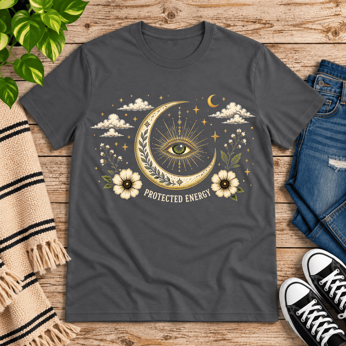 Protected Energy celestial mystic graphic t-shirt cozy flat lay in asphalt.