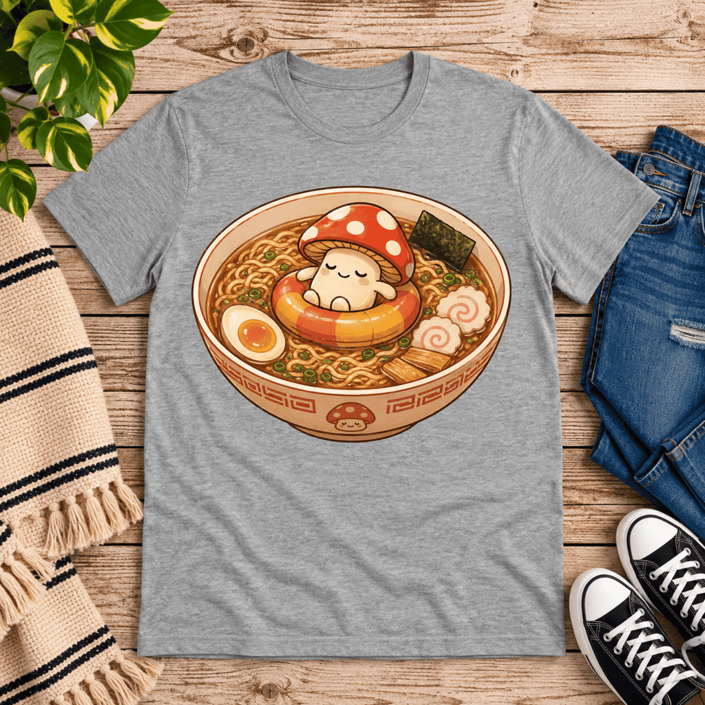Mushroom float cute food graphic t-shirt cozy flat lay in athletic heather.