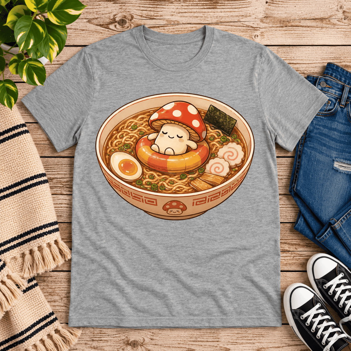 Mushroom float cute food graphic t-shirt cozy flat lay in athletic heather.