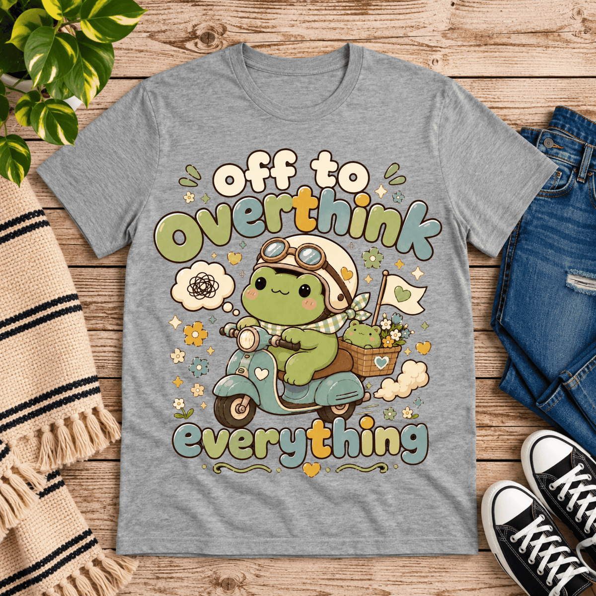 Overthink Frog cute animal graphic t-shirt cozy flat lay in athletic heather.