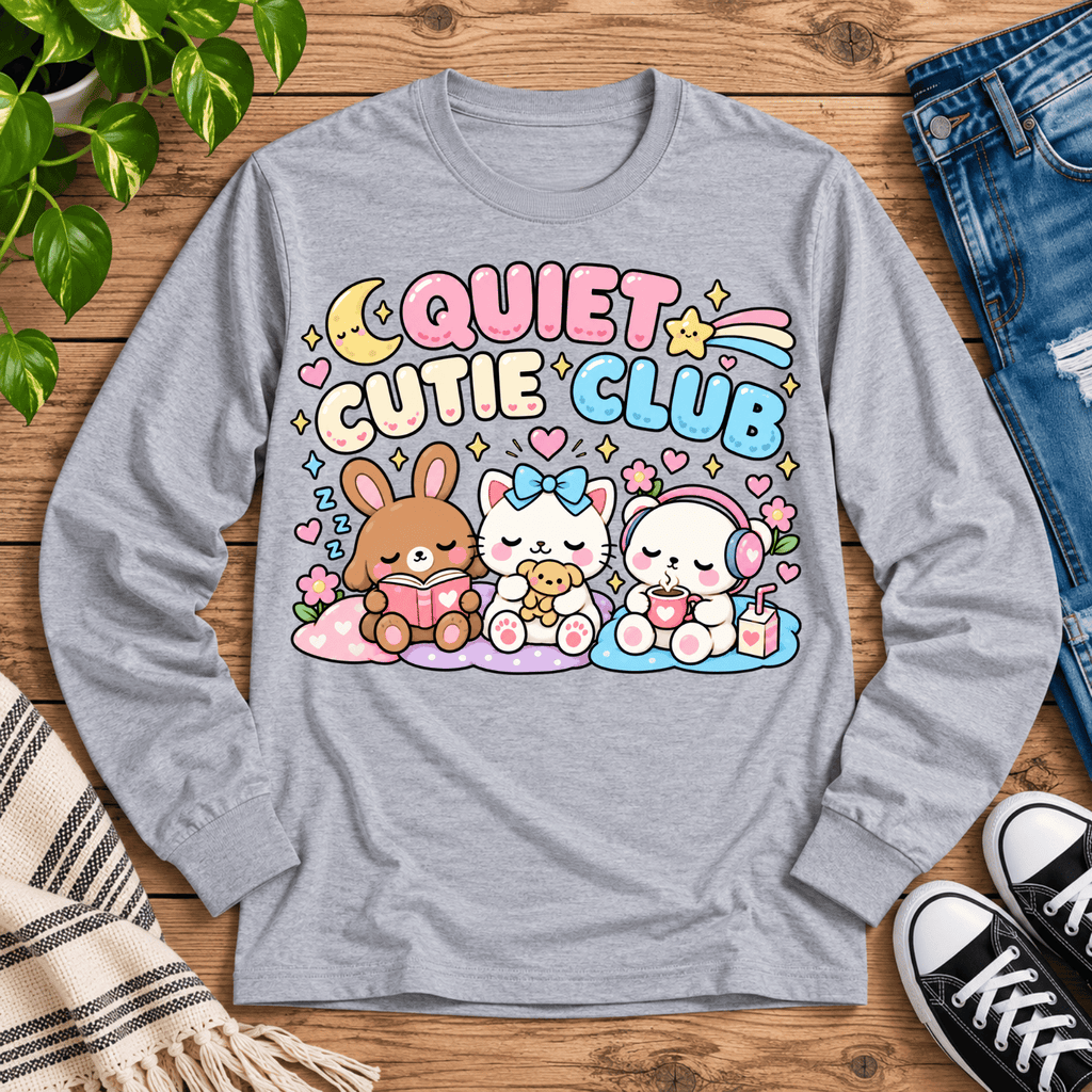 Quiet Cutie Club introvert graphic long sleeve cozy flat lay in athletic heather.