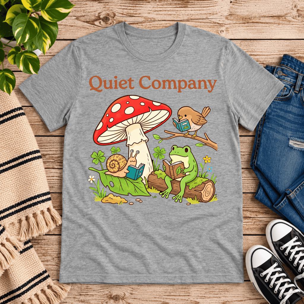 Quiet Company cute cottagecore graphic t-shirt cozy flat lay in athletic heather.