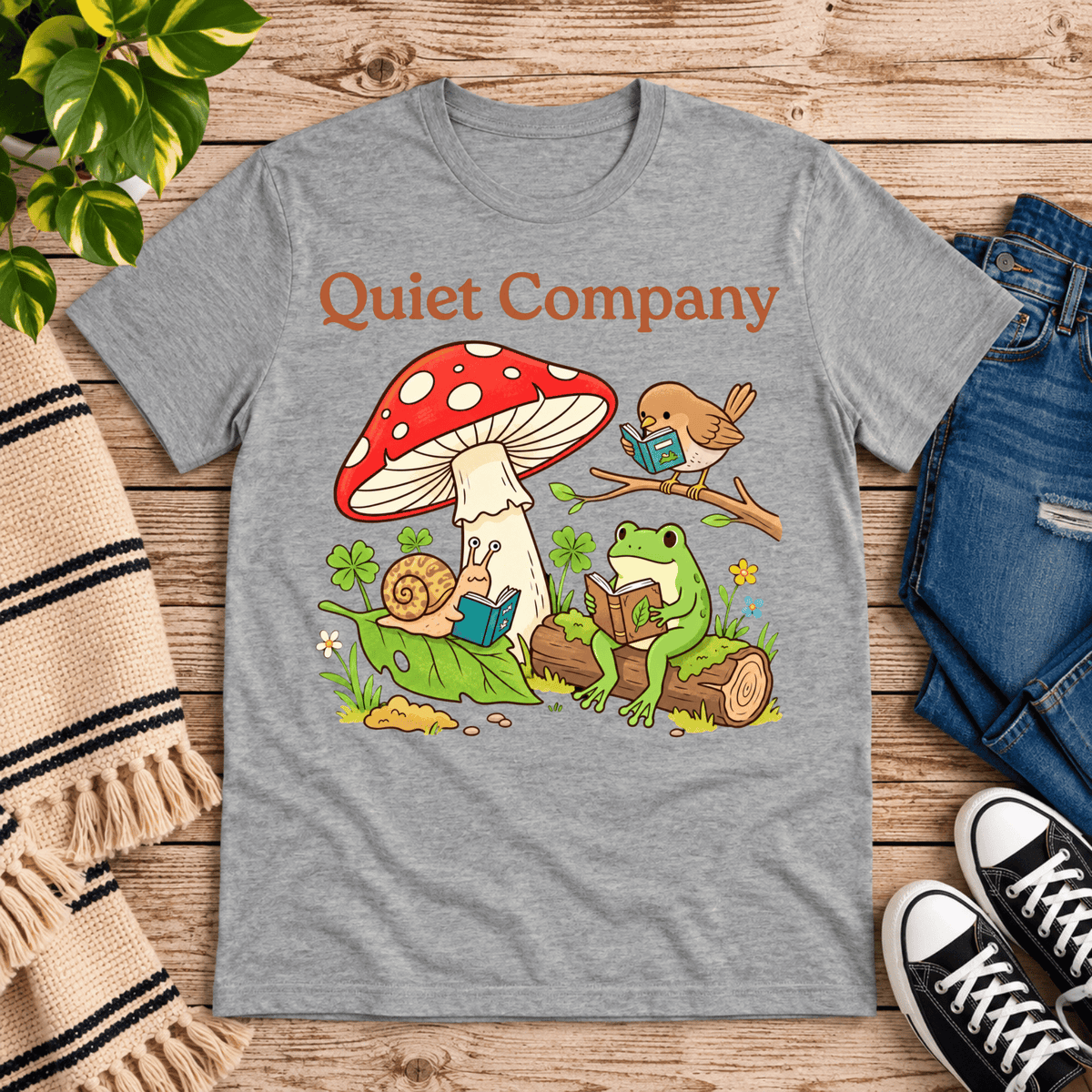 Quiet Company cute cottagecore graphic t-shirt cozy flat lay in athletic heather.