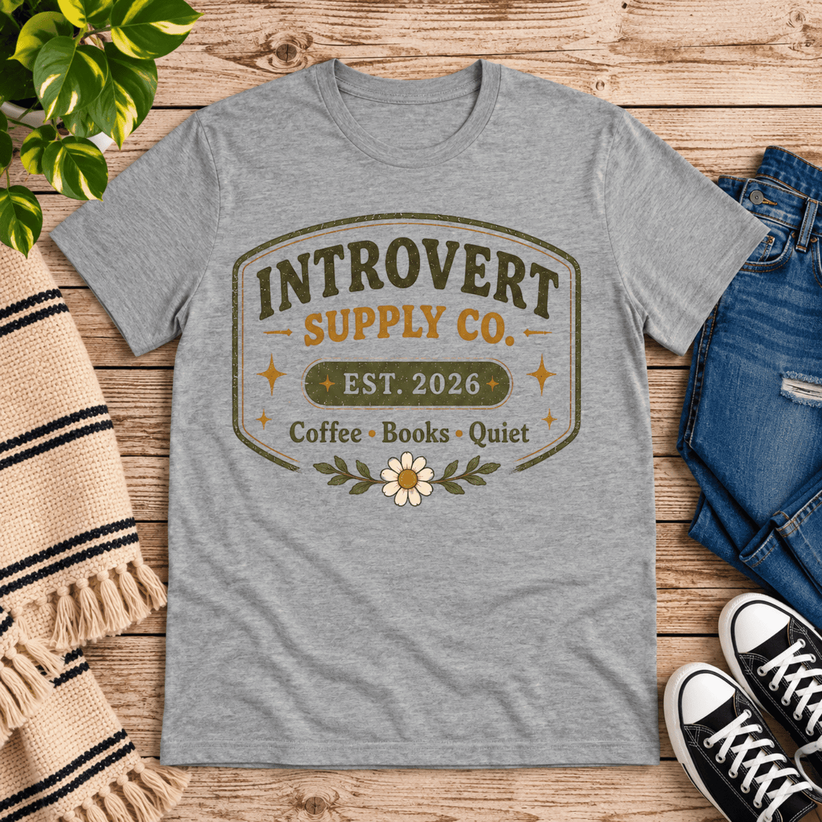 Introvert Supply Co. cute introvert graphic t-shirt cozy flat lay in athletic heather.