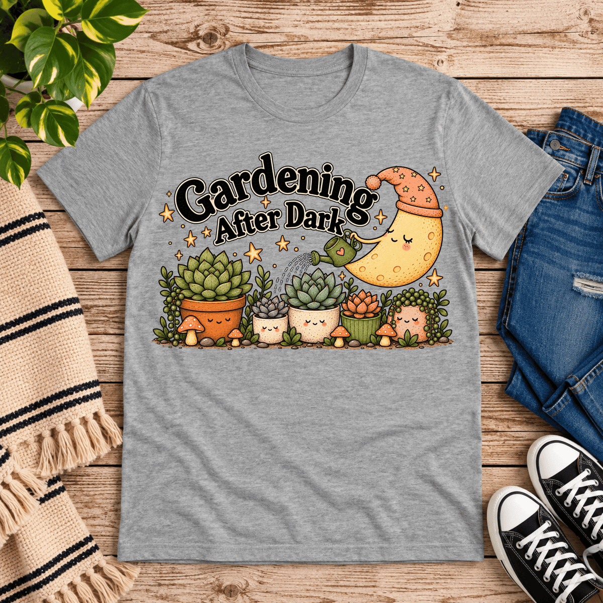 Gardening After Dark nature lover graphic t-shirt cozy flat lay in athletic heather.