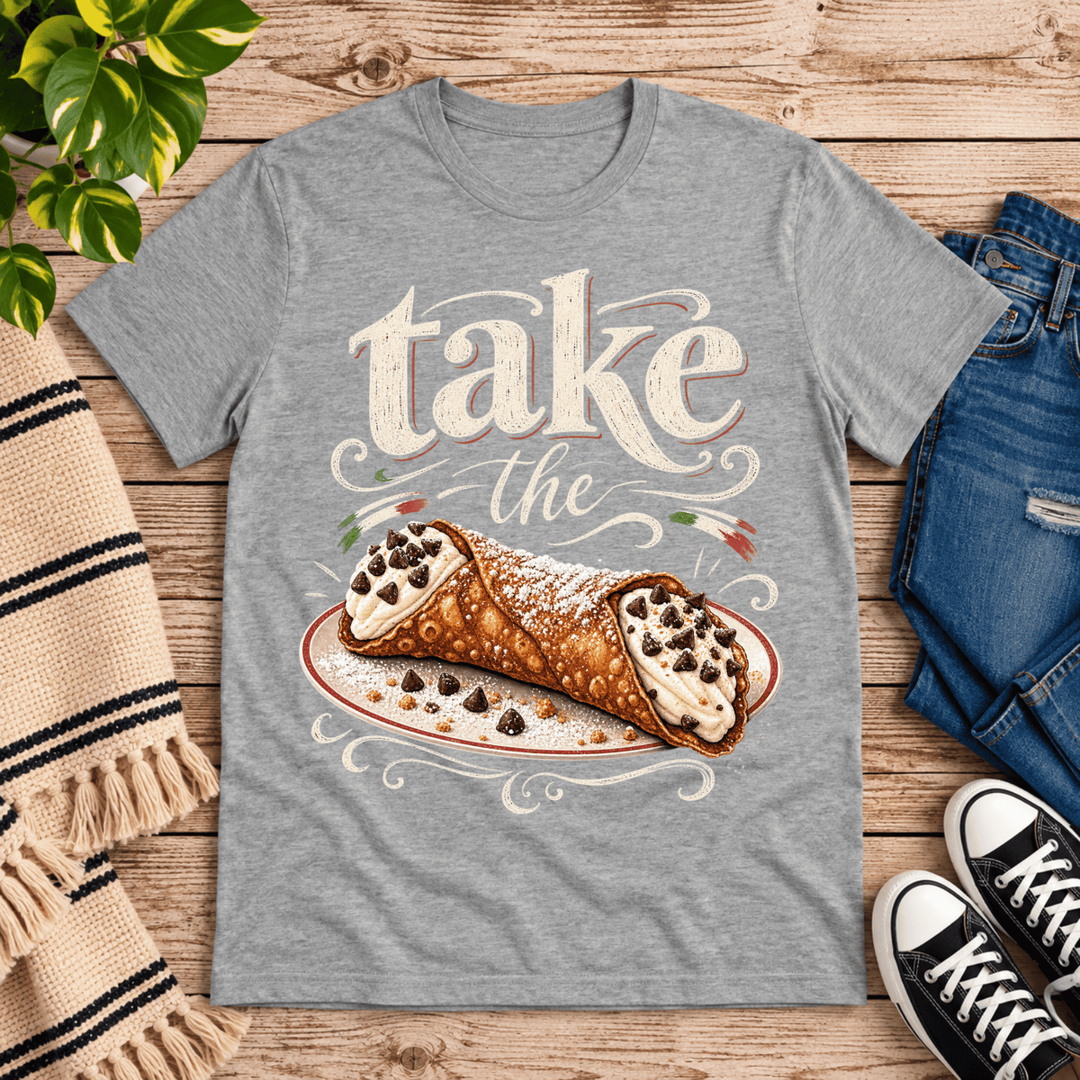 Cannoli cute food graphic t-shirt cozy flat lay in athletic heather.