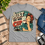 Just One More retro coffee graphic t-shirt cozy flat lay in athletic heather.