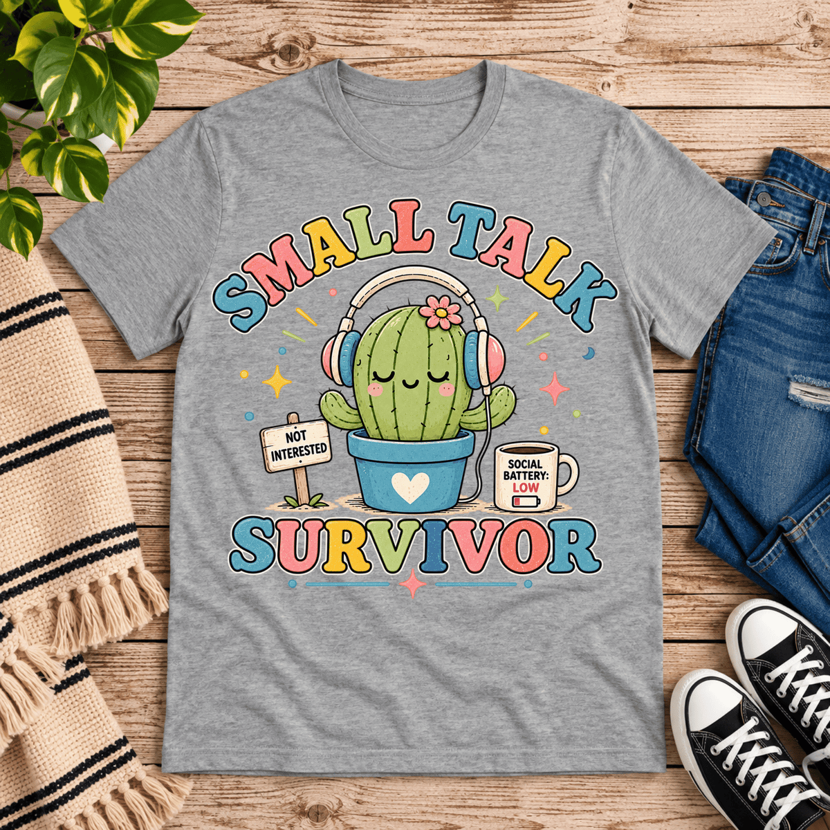 Small Talk Survivor funny plant graphic t-shirt cozy flat lay in athletic heather.
