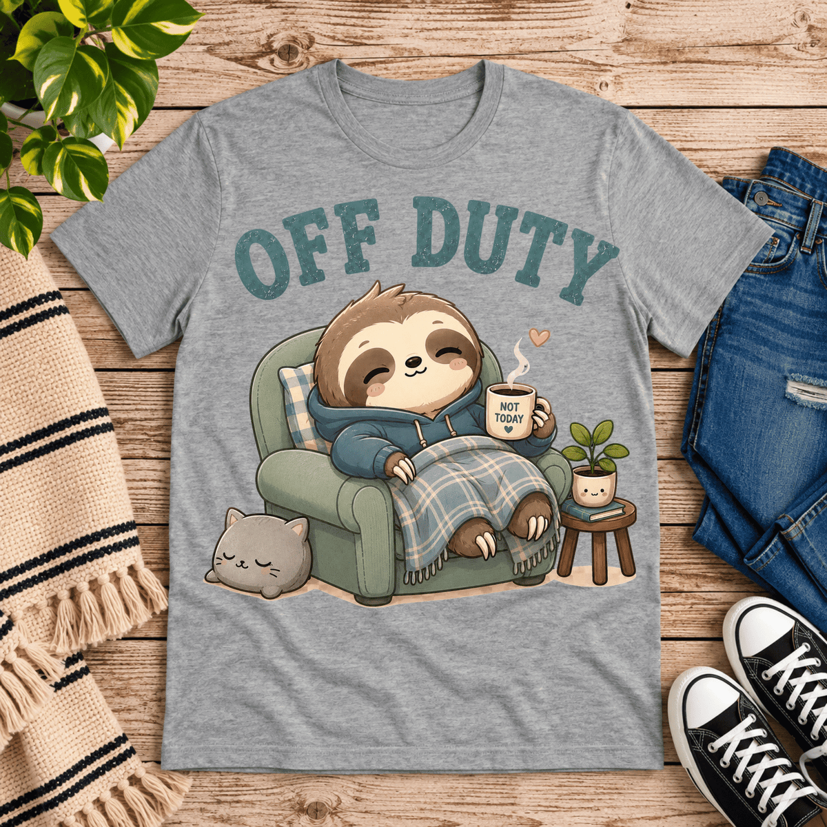 Off Duty cute animal graphic t-shirt cozy flat lay in athletic heather.