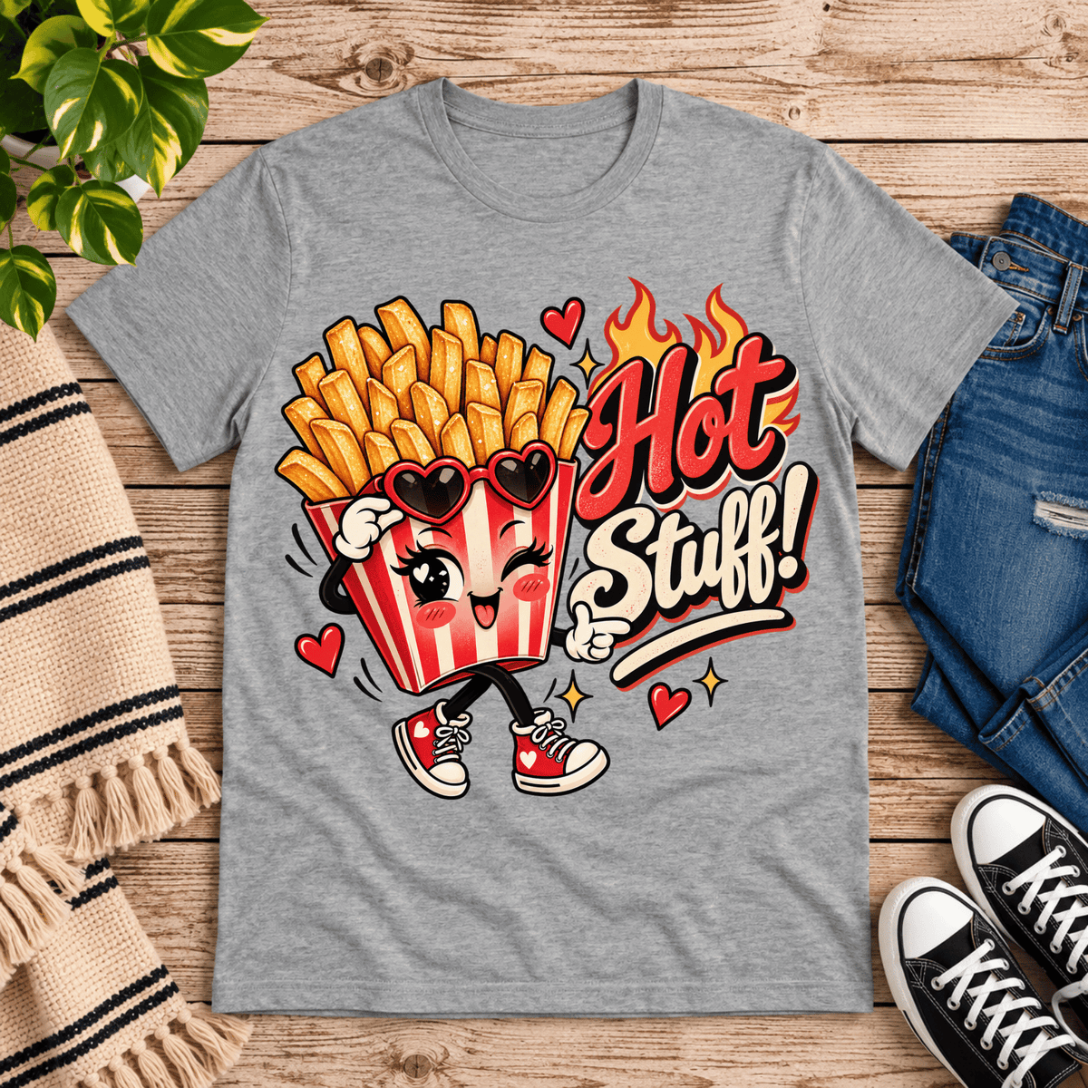 Hot Stuff retro food graphic t-shirt cozy flat lay in athletic heather.