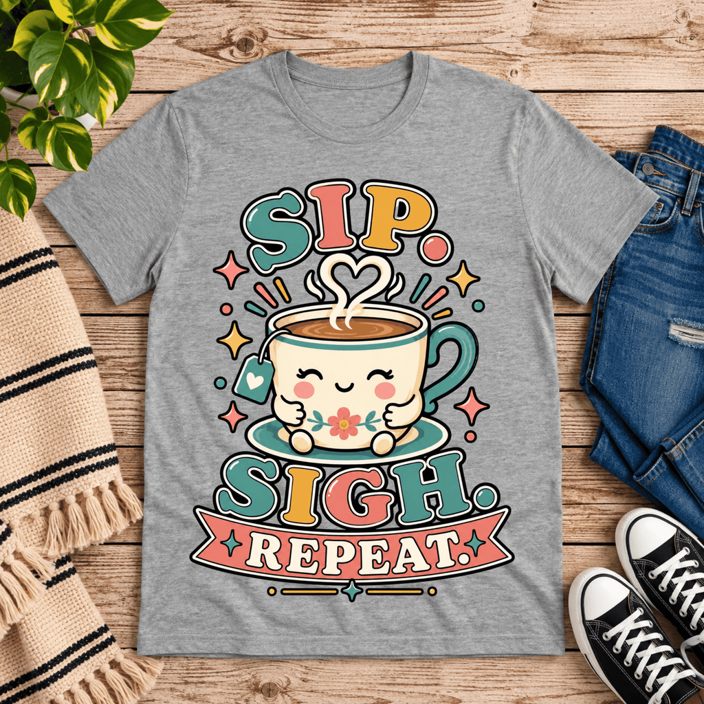 Sip. Sigh. Repeat. coffee graphic t-shirt cozy flat lay in athletic heather.