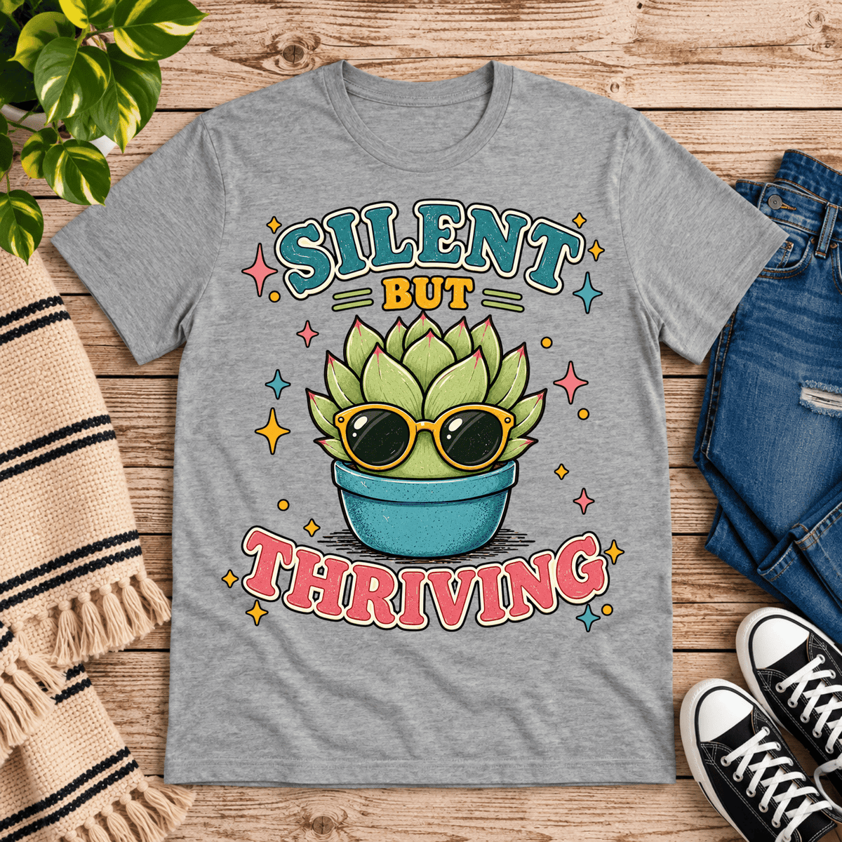 Silent But Thriving cute plant graphic t-shirt cozy flat lay in athletic heather.