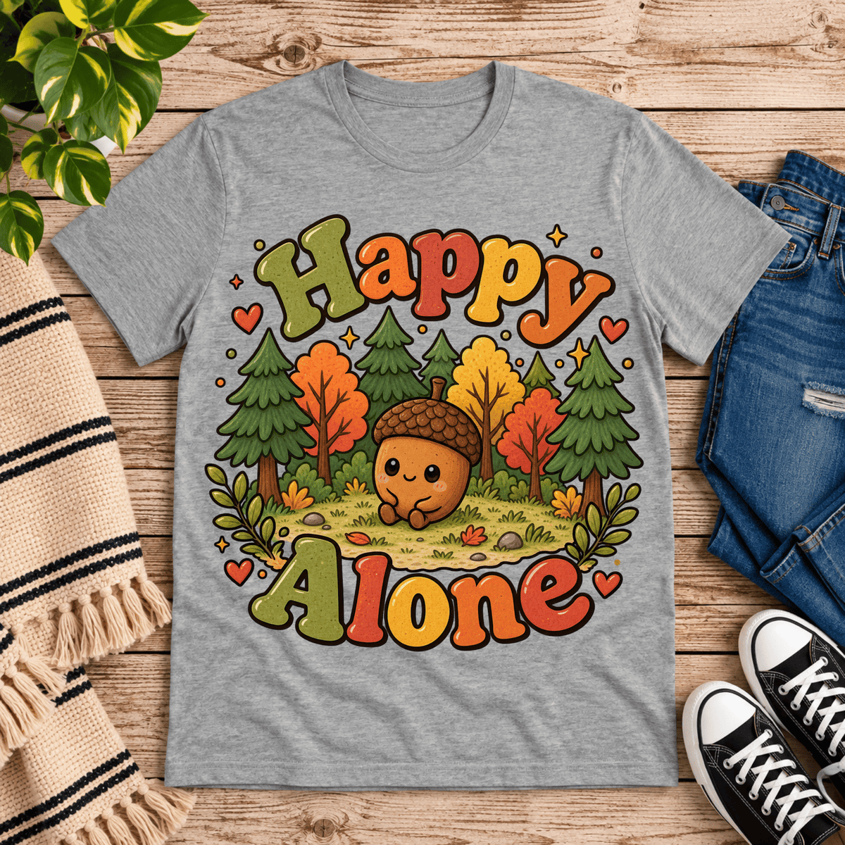 Happy Alone cute nature graphic t-shirt cozy flat lay in athletic heather.