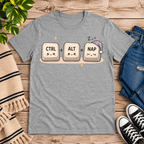 CTRL + ALT + NAP funny introvert graphic t-shirt cozy flat lay in athletic heather.