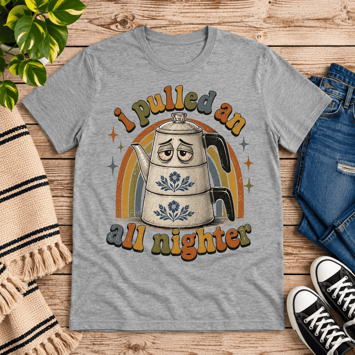All Nighter cute coffee graphic t-shirt cozy flat lay in athletic heather.