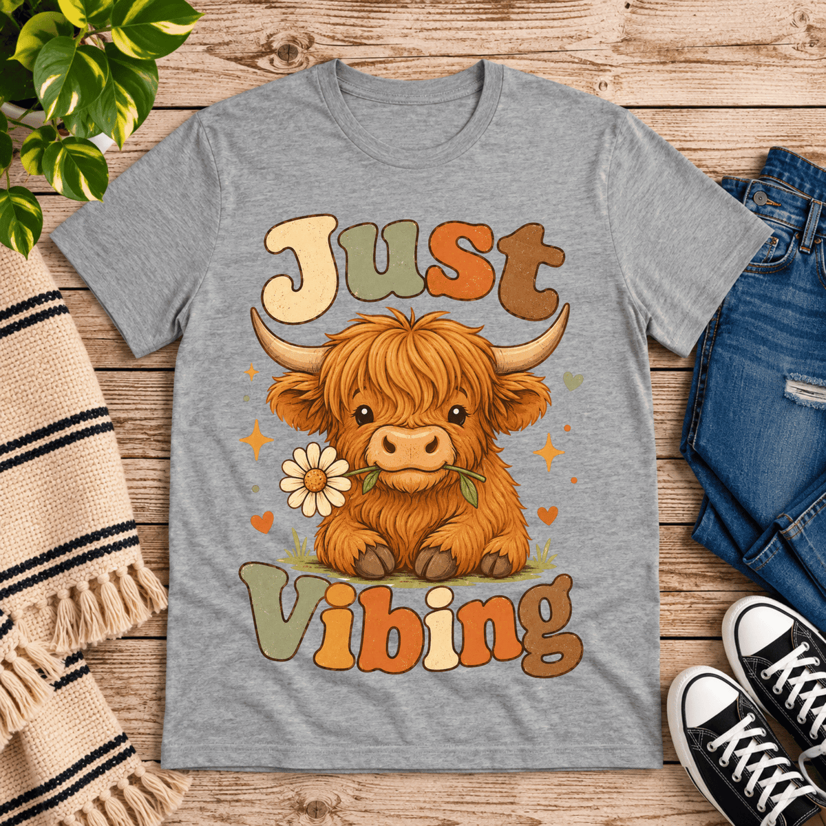 Just Vibing Cow cute animal graphic t-shirt cozy flat lay in athletic heather.