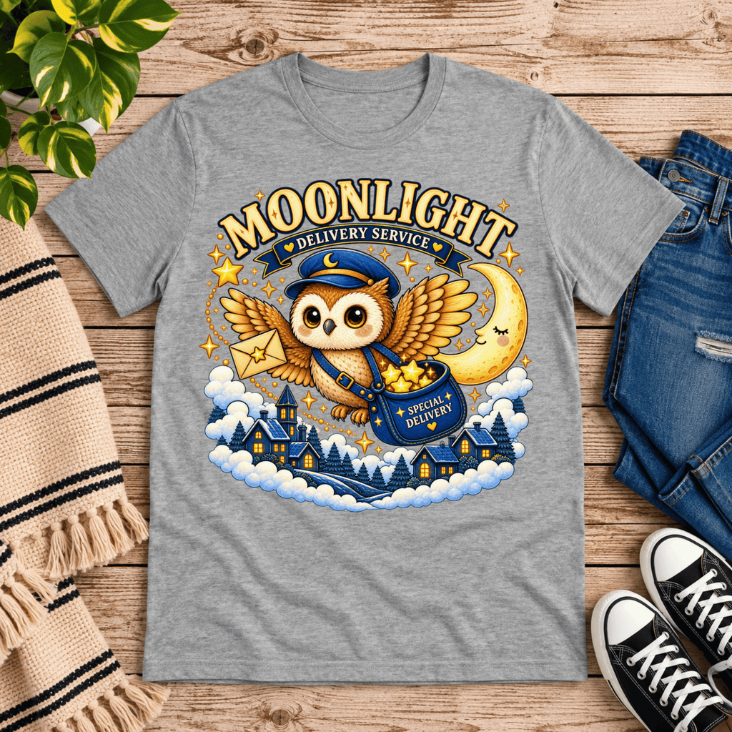 Moonlight Delivery cute animal graphic t-shirt cozy flat lay in athletic heather.