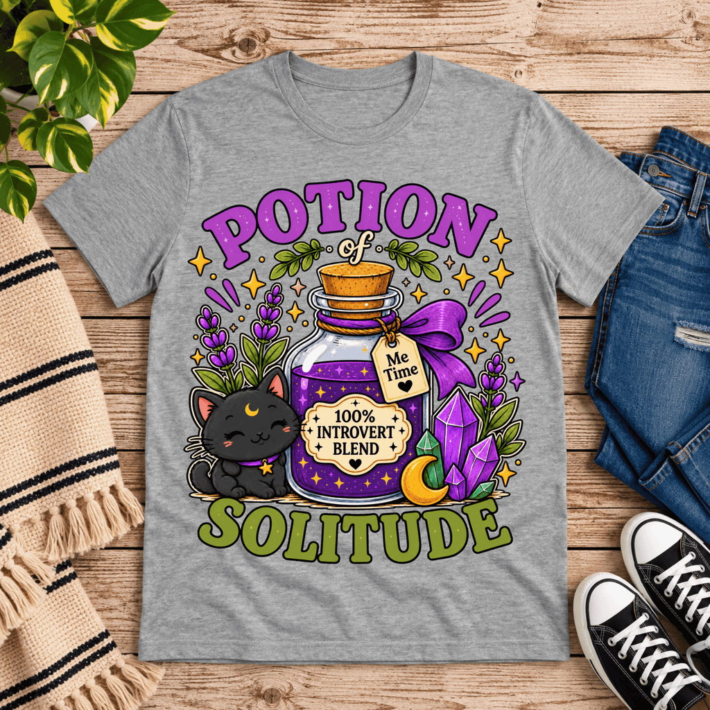 Potion Of Solitude cute celestial graphic t-shirt cozy flat lay in athletic heather.