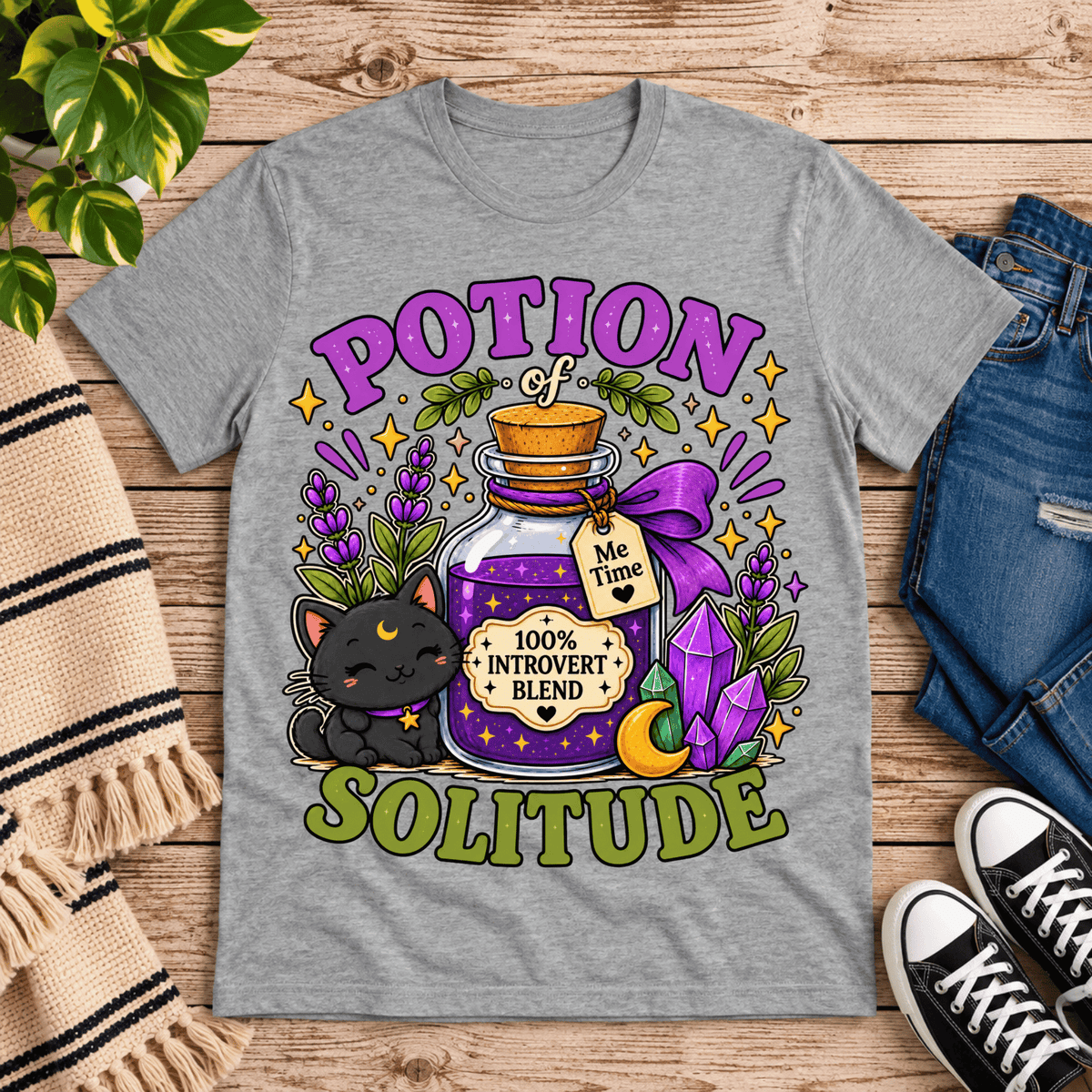Potion Of Solitude cute celestial graphic t-shirt cozy flat lay in athletic heather.