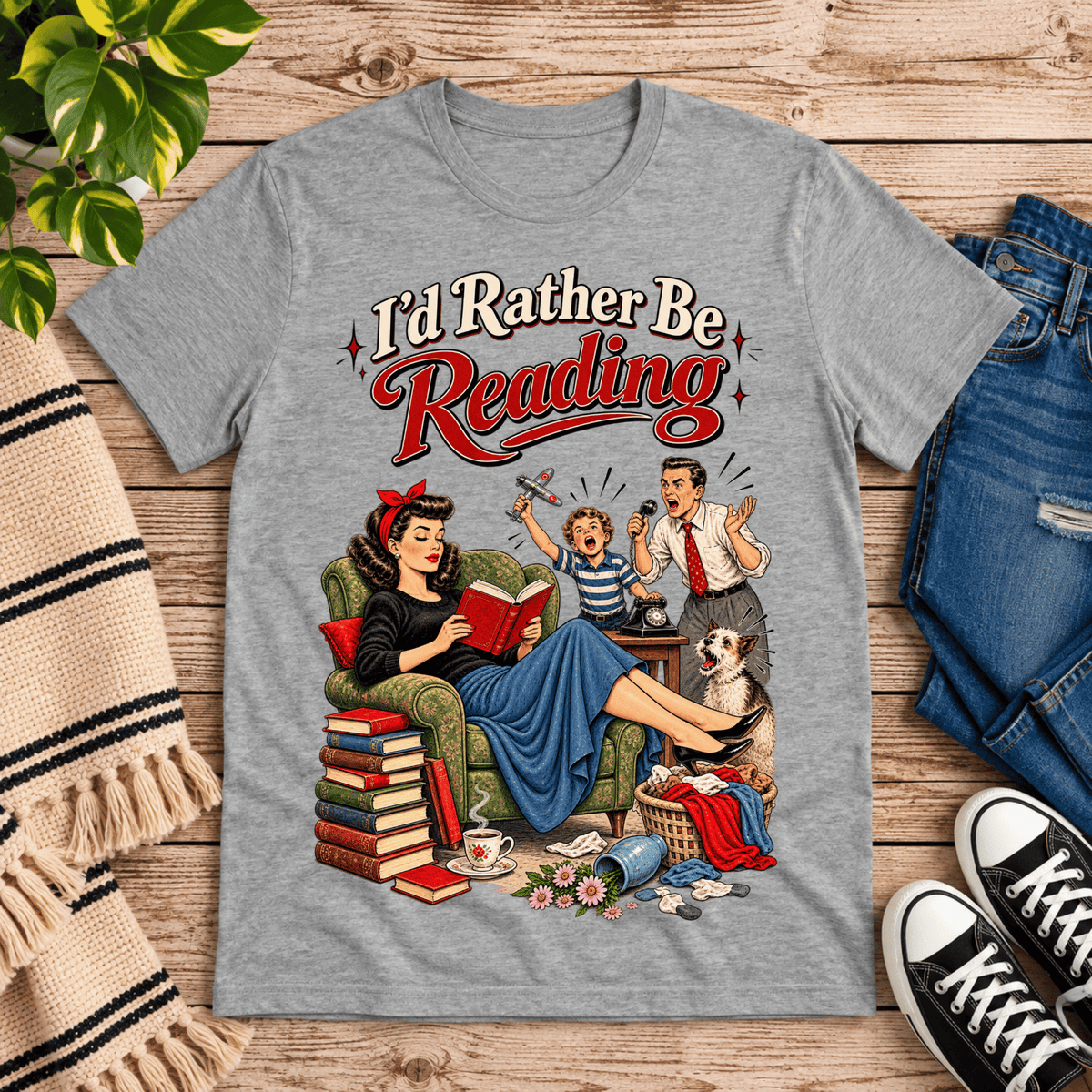 A cozy flat lay mockup of I'd Rather Be retro book graphic t-shirt in athletic heather.