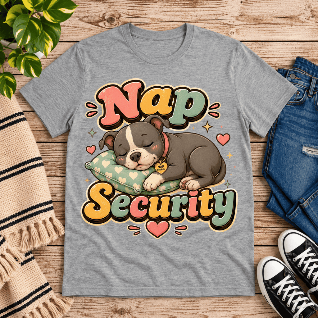 Nap Security cute animal graphic t-shirt cozy flat lay in athletic heather.