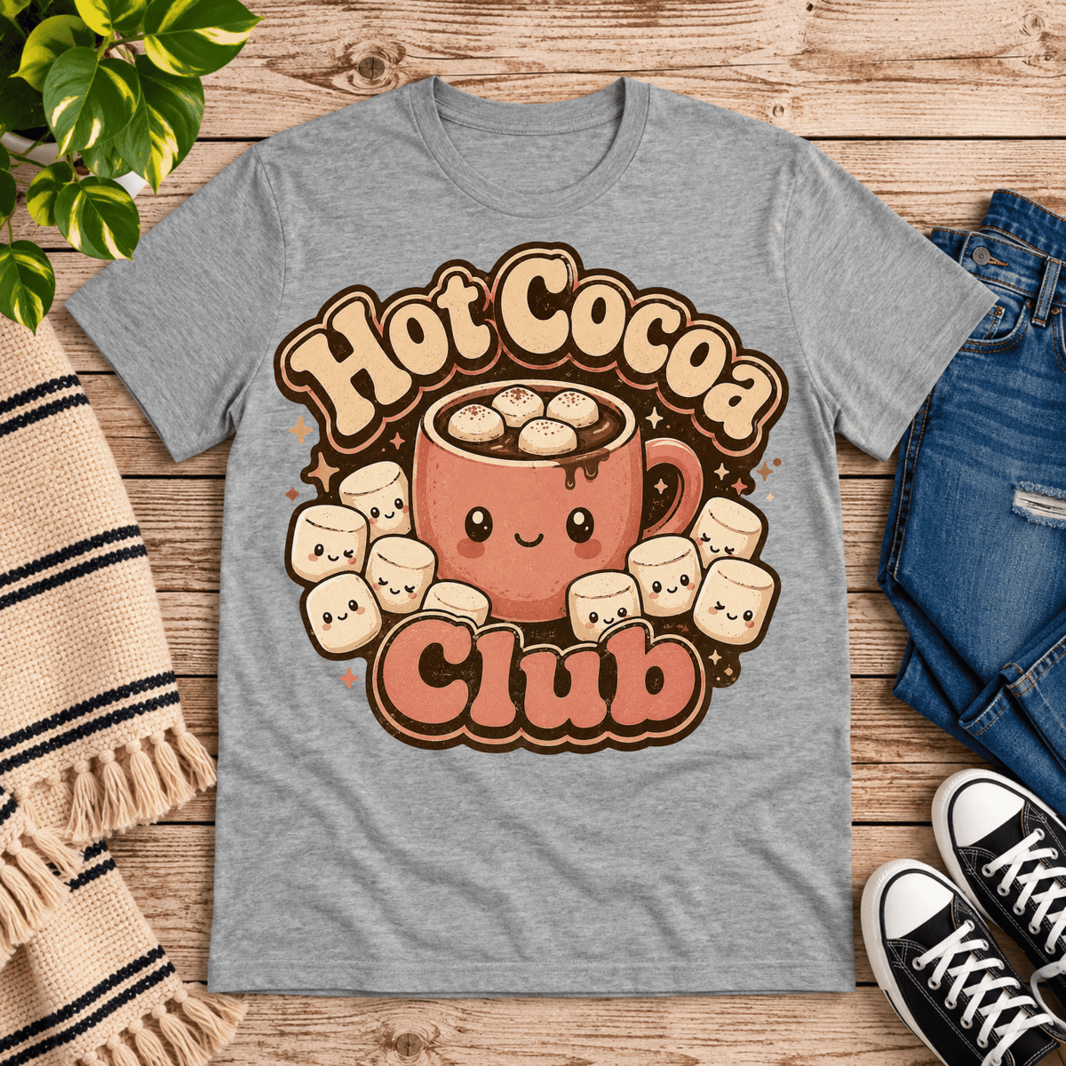 Hot Cocoa Club cute coffee graphic t-shirt cozy flat lay in athletic heather.