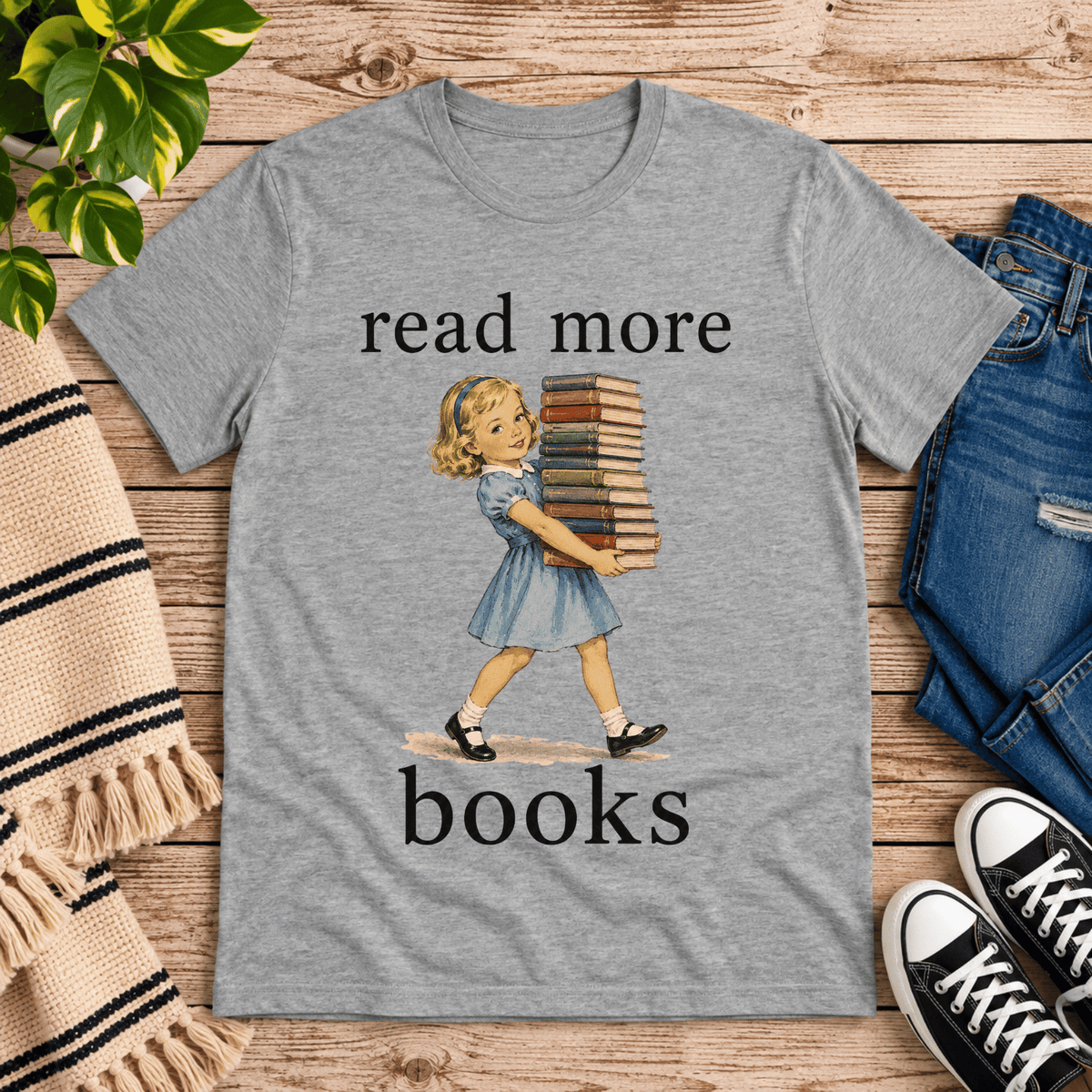 Read More vintage book graphic t-shirt cozy flat lay in athletic heather.