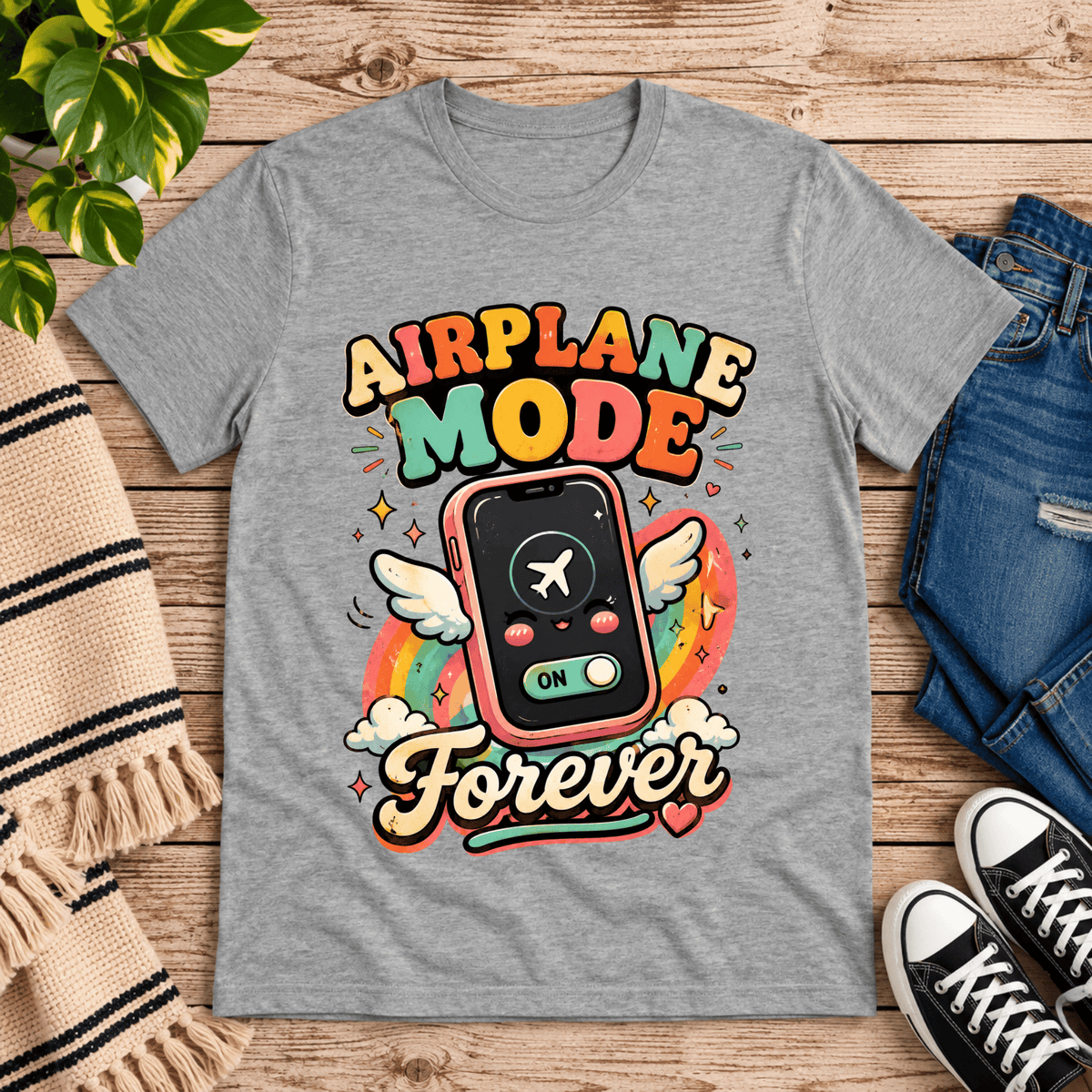 Airplane Mode funny introvert graphic t-shirt cozy flat lay in athletic heather.