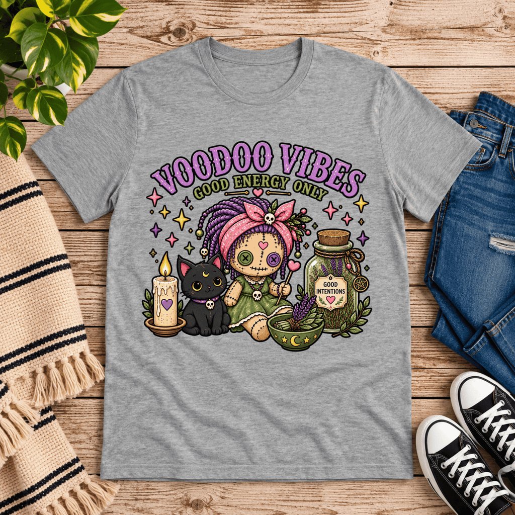 Voodoo Vibes cute magic graphic t-shirt cozy flat lay in athletic heather.