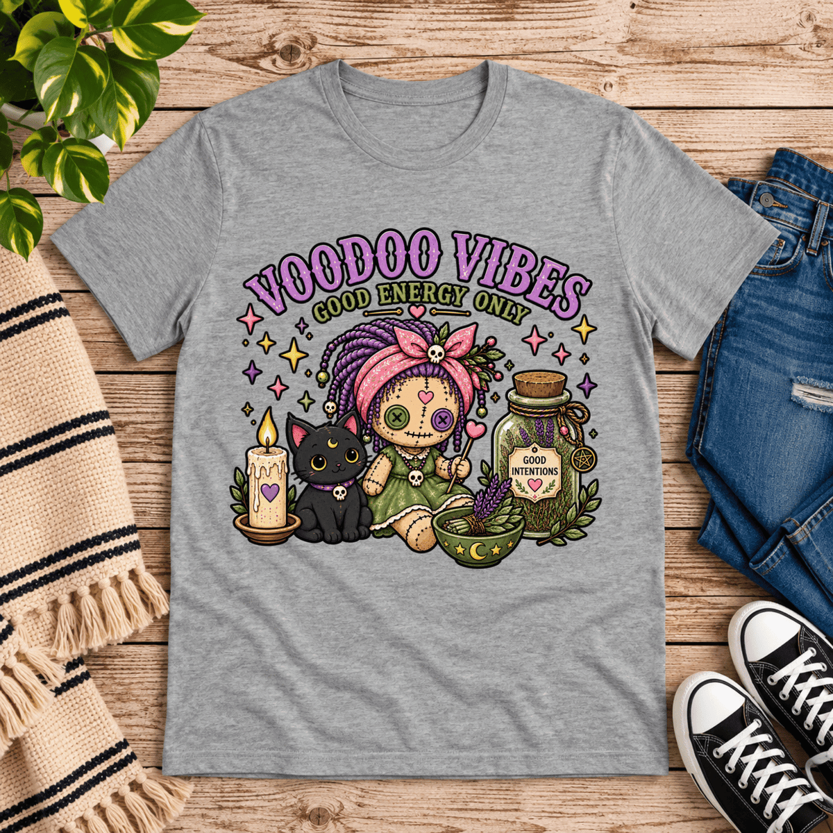 Voodoo Vibes cute magic graphic t-shirt cozy flat lay in athletic heather.