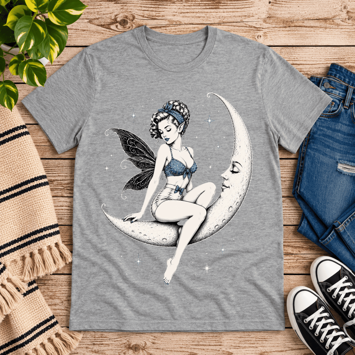 Moonlit Fairy vintage fairy graphic t-shirt cozy flat lay in athletic heather.