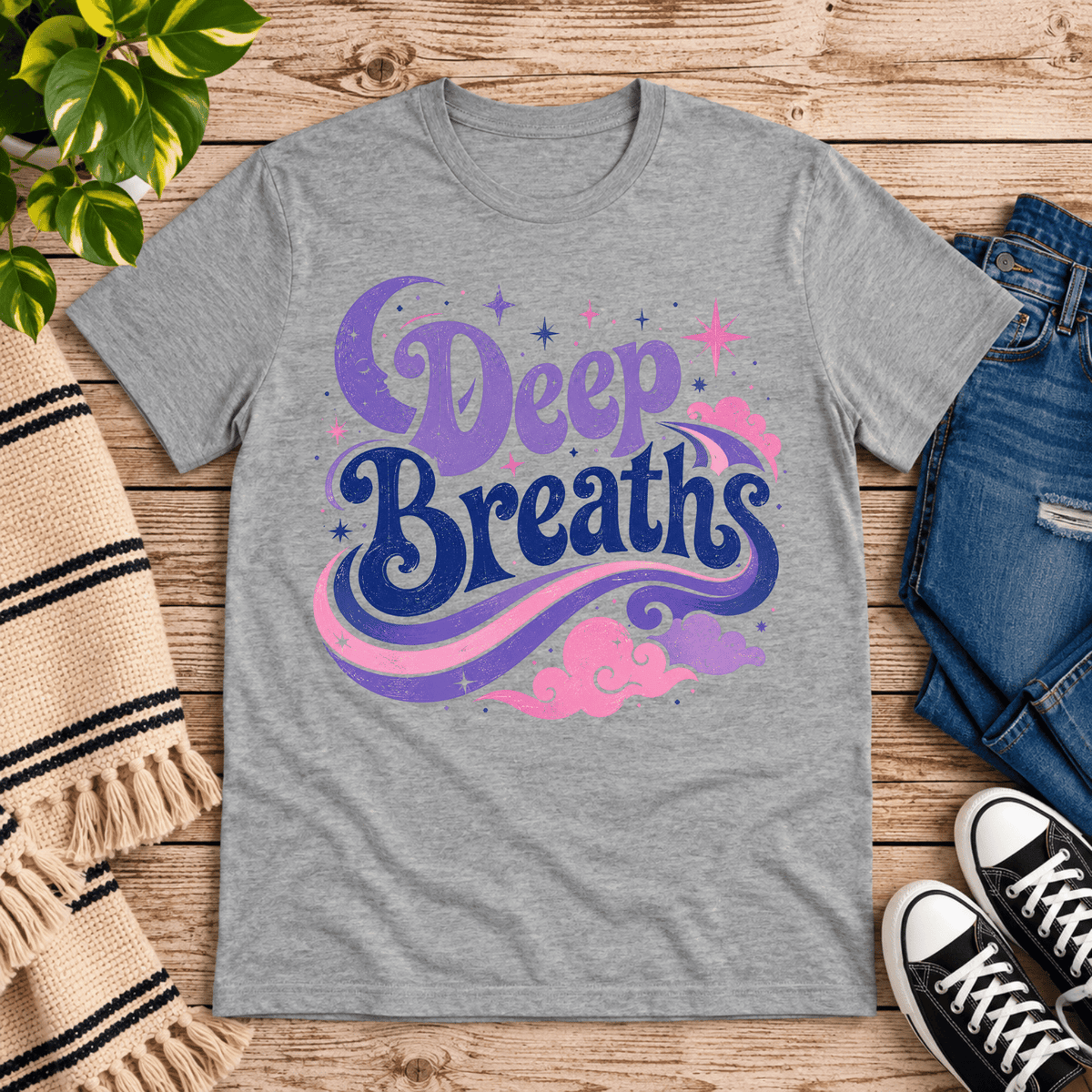 Deep Breaths inspirational introvert graphic t-shirt cozy flat lay in athletic heather.