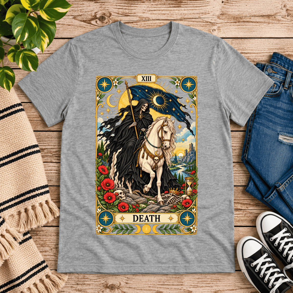 Death tarot card graphic t-shirt cozy flat lay in athletic heather.