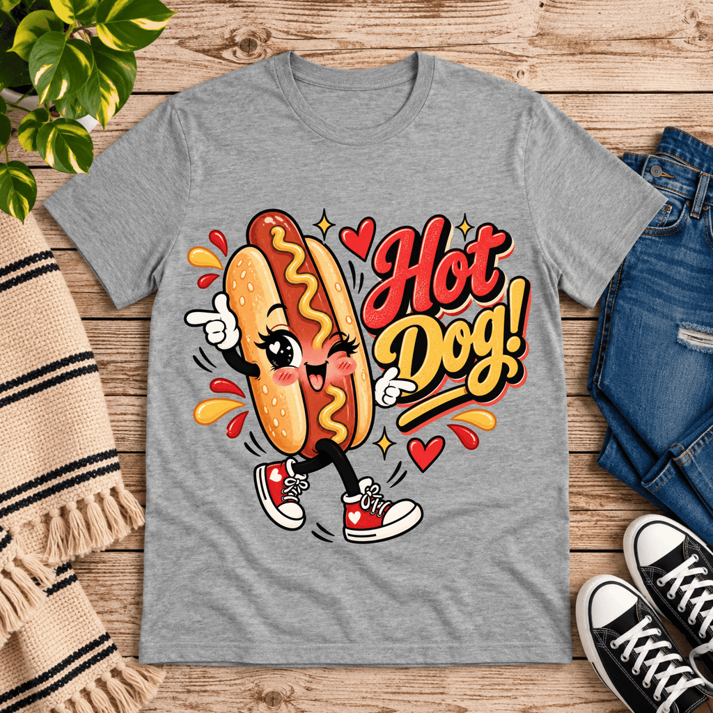 Hot Dog! retro food graphic t-shirt cozy flat lay in athletic heather.