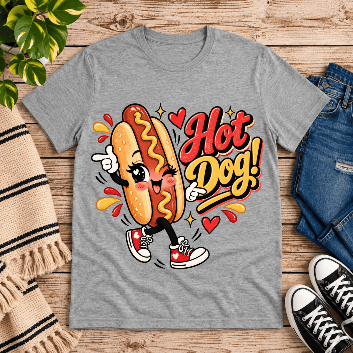 Hot Dog! retro food graphic t-shirt cozy flat lay in athletic heather.