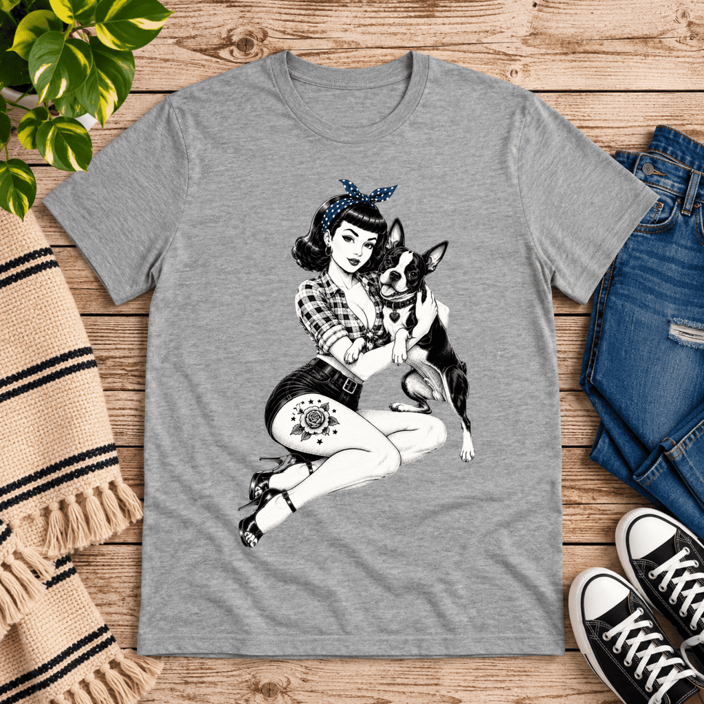 Boston Love pinup graphic t-shirt cozy flat lay in athletic heather.