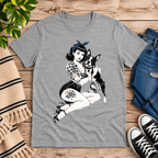 Boston Love pinup graphic t-shirt cozy flat lay in athletic heather.