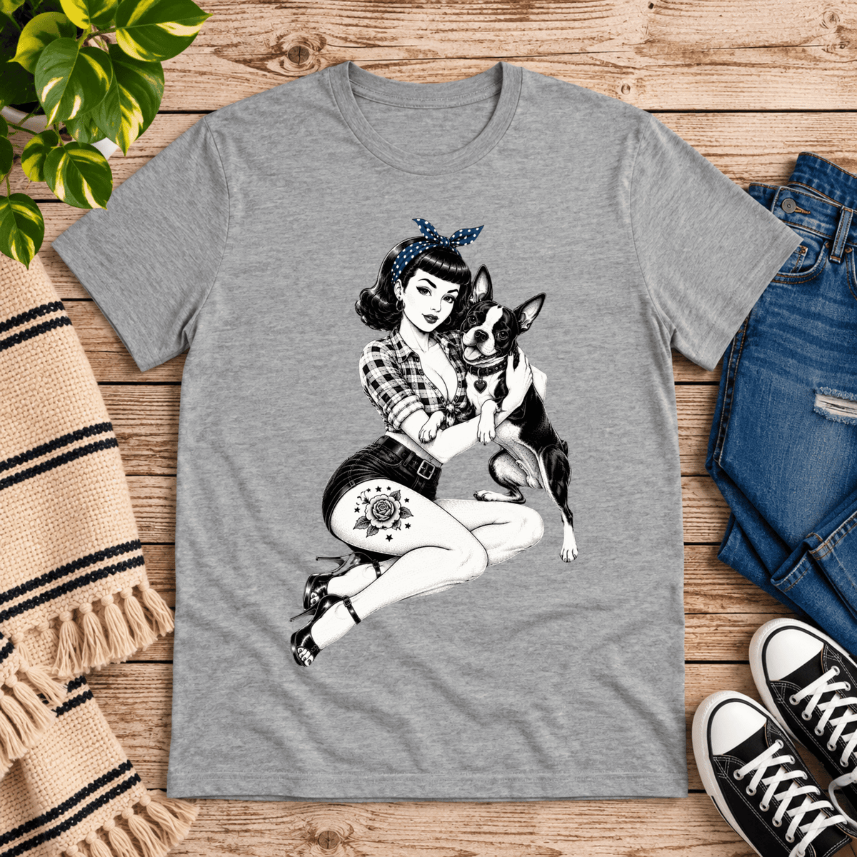 Boston Love pinup graphic t-shirt cozy flat lay in athletic heather.