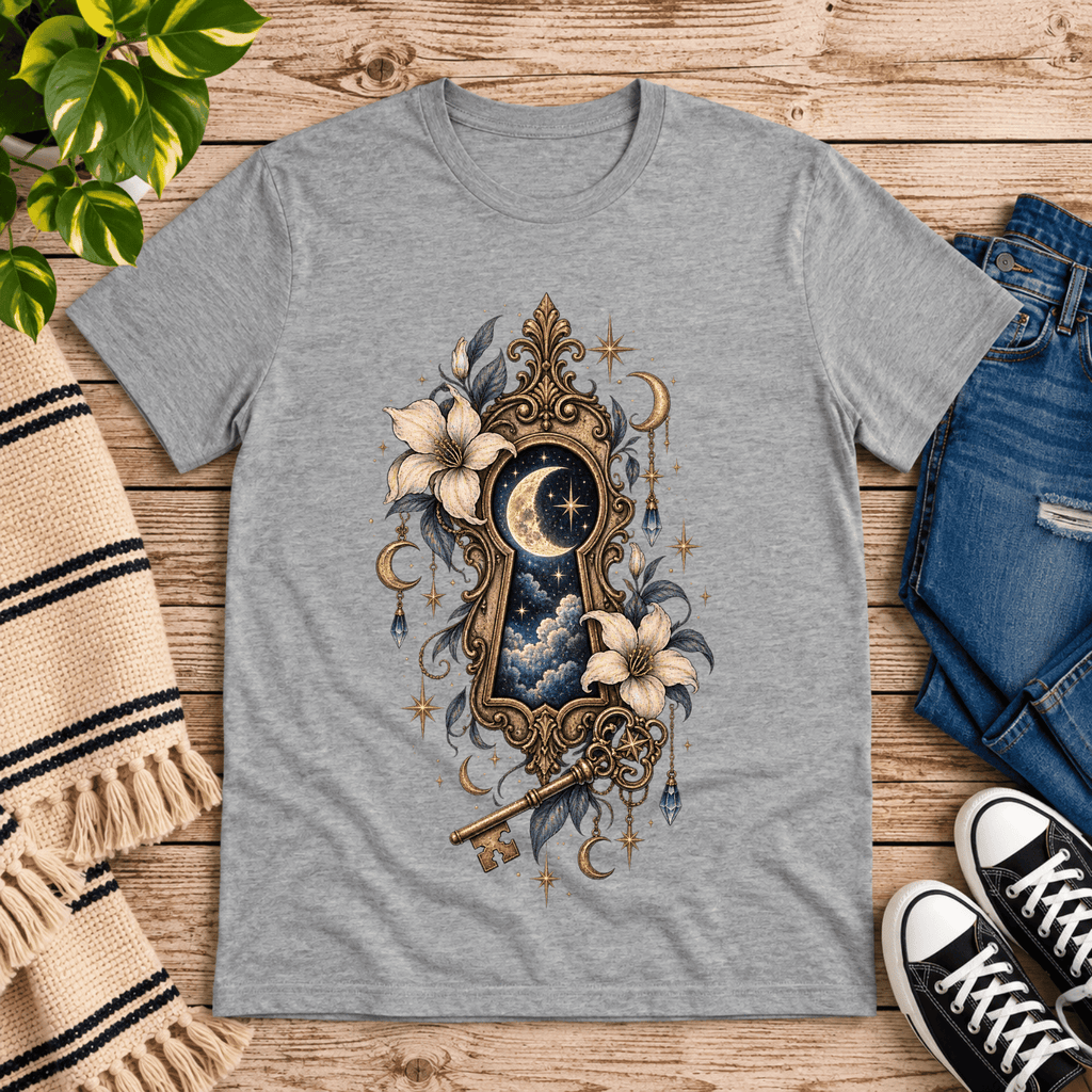 Cosmos Keyhole celestial graphic t-shirt cozy flat lay in athletic heather.