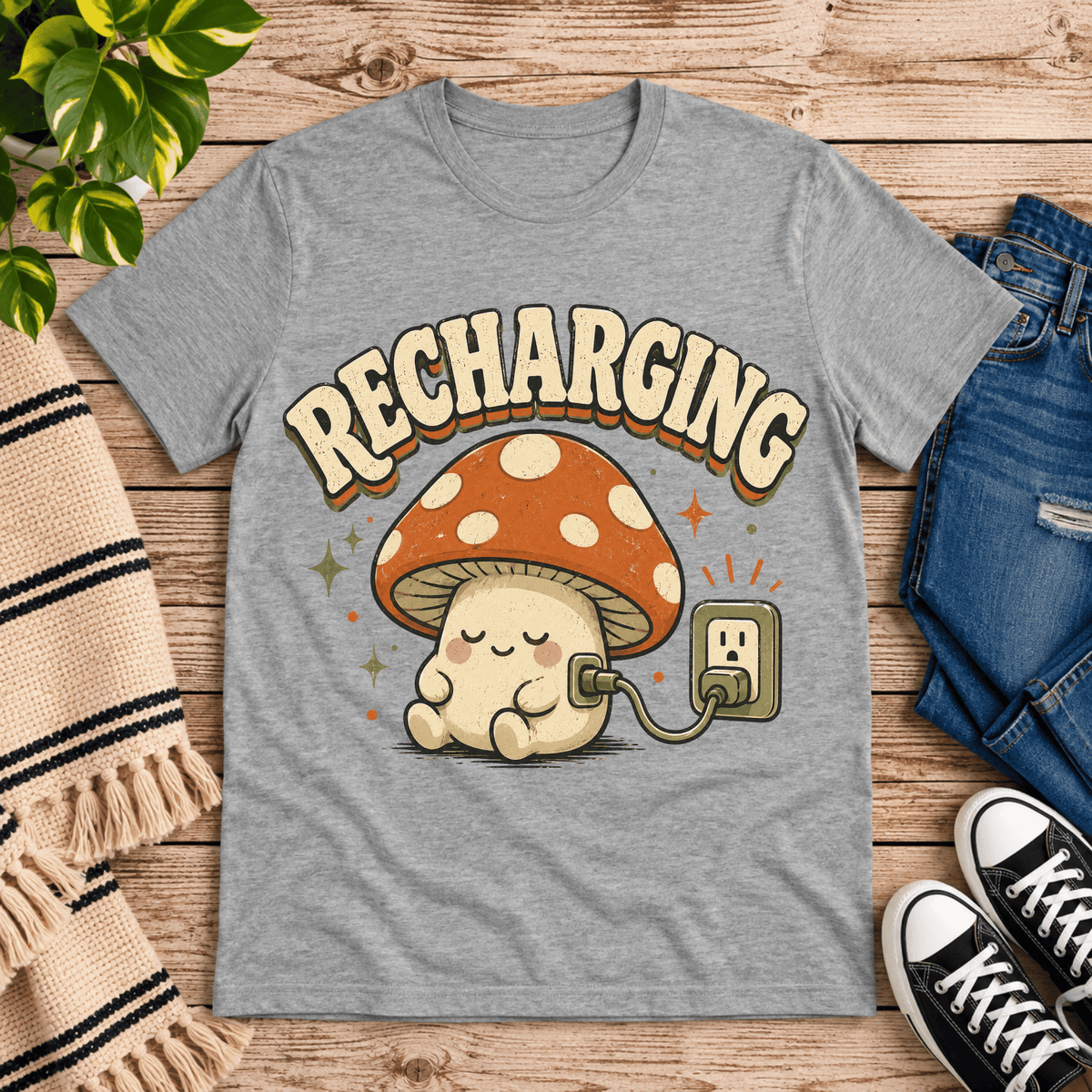 Recharging Mushroom cute cottagecore graphic t-shirt cozy flat lay in athletic heather.