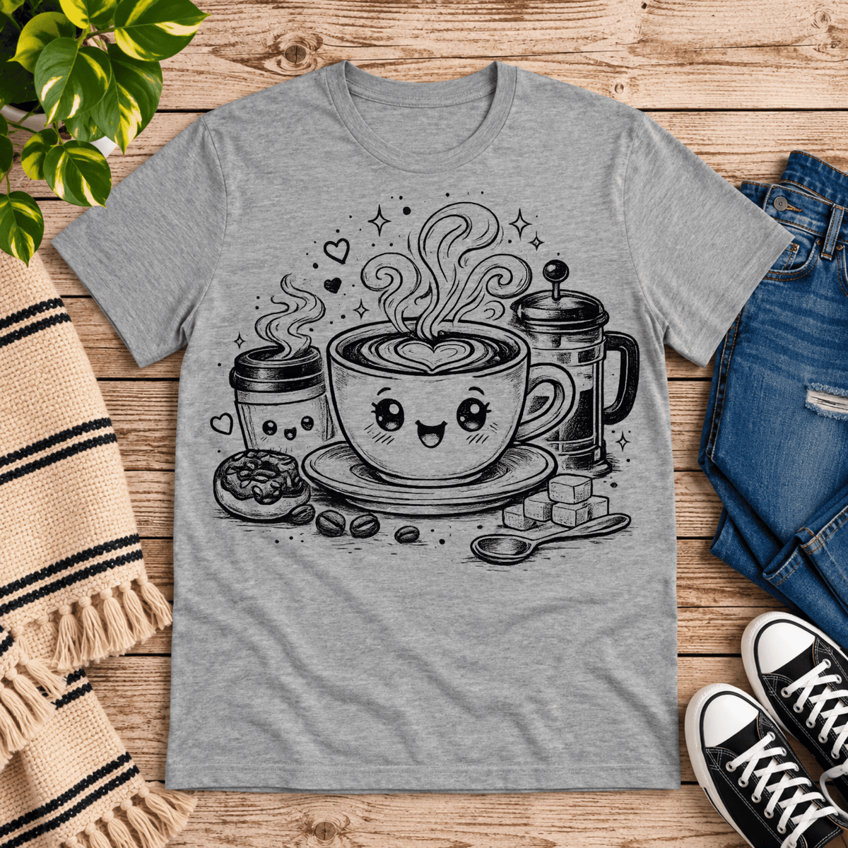 Happy Coffee cute kawaii graphic t-shirt cozy flat lay in athletic heather.
